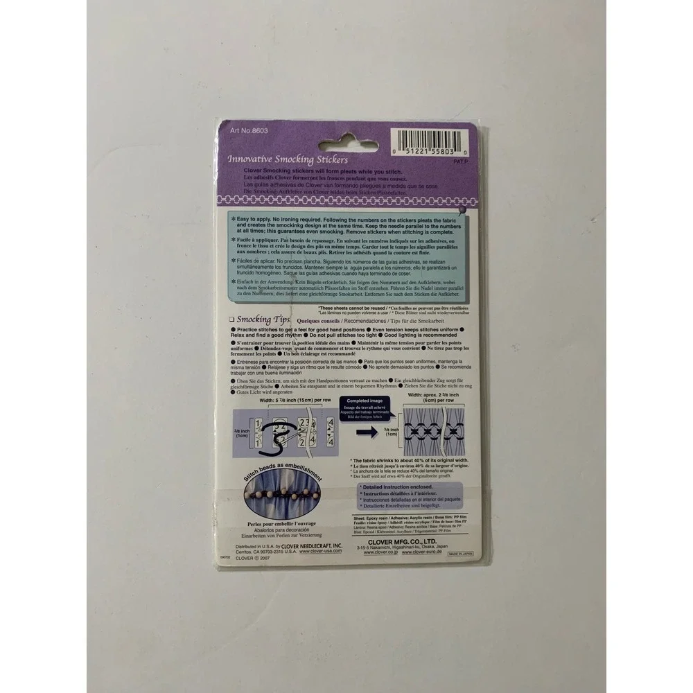 NWT‎ Clover 8603 Innovative Smocking Stickers Double Cable Design 2 Sheets